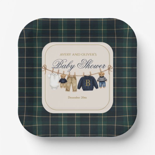 Luxsary Teddy Bear Plaid Baby Shower Paper Plate Pappteller (Vorderseite)