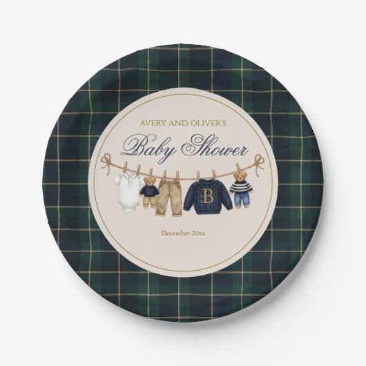 Luxsary Teddy Bear Plaid Baby Shower Paper Plate Pappteller (Vorderseite)