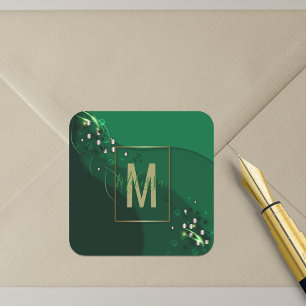 Luxuriös abstrakter Smaragdgrüner Gold Monogramm Quadratischer Aufkleber
