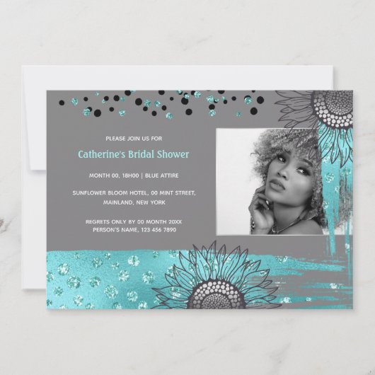 Luxuriös-blau-graue moderne Sonnenblumenfolie. Einladung (Vorderseite)