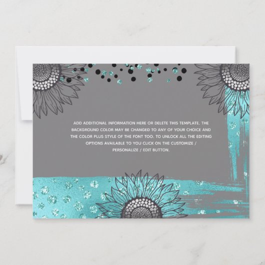 Luxuriös-blau-graue moderne Sonnenblumenfolie. Einladung (Rückseite)