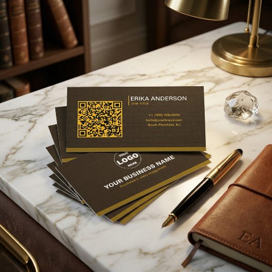 Luxuriös Dunkelbraun Texturierter QR Code Minimal Visitenkarte