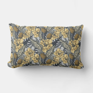 Luxuriös Elegant Gold und Schwarz Tropische Blumen Kissen Für Draußen