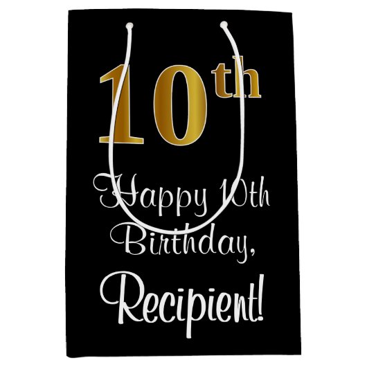 Luxuriös, elegant, Imitate Gold Look 10. Geburtsta Mittlere Geschenktüte (Vorderseite)