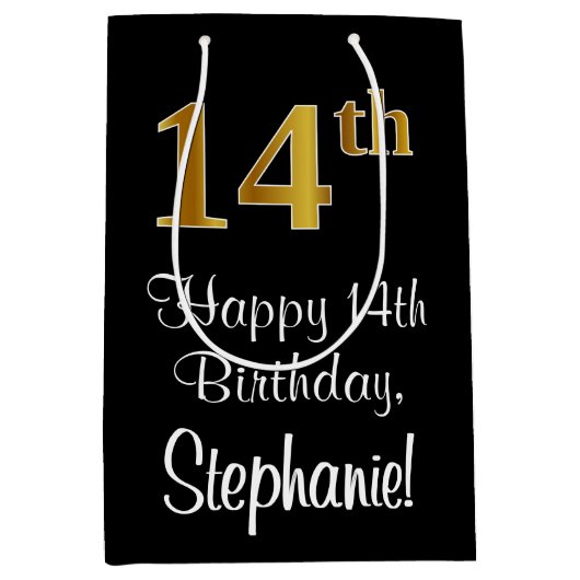 Luxuriös, elegant, Imitate Gold Look 14. Geburtsta Mittlere Geschenktüte (Vorderseite)