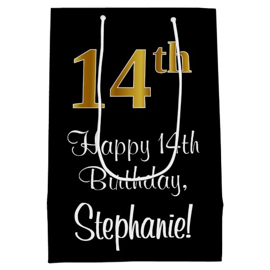 Luxuriös, elegant, Imitate Gold Look 14. Geburtsta Mittlere Geschenktüte (Rückseite)