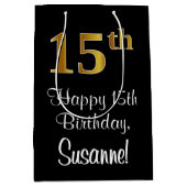 Luxuriös, elegant, Imitate Gold Look 15. Geburtsta Mittlere Geschenktüte (Vorderseite)
