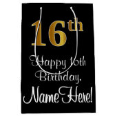 Luxuriös, elegant, Imitate Gold Look 16. Geburtsta Mittlere Geschenktüte (Vorderseite)