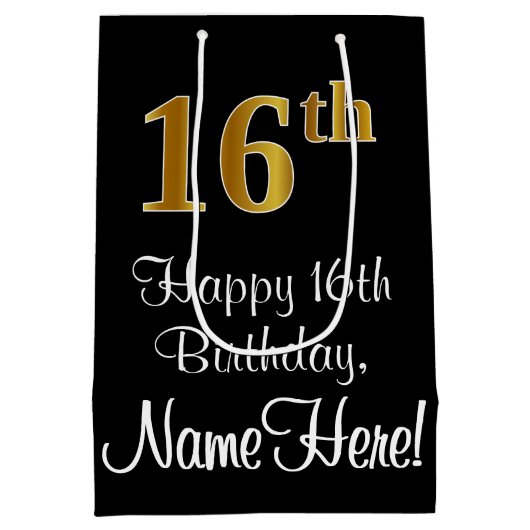 Luxuriös, elegant, Imitate Gold Look 16. Geburtsta Mittlere Geschenktüte (Rückseite)