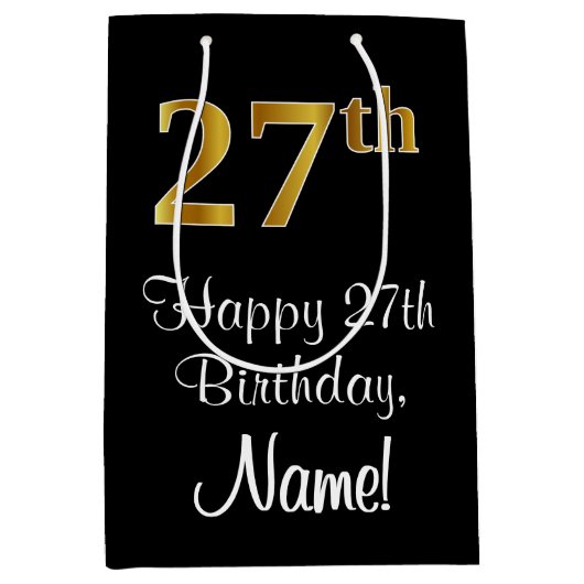 Luxuriös, elegant, Imitate Gold Look 27. Geburtsta Mittlere Geschenktüte (Vorderseite)
