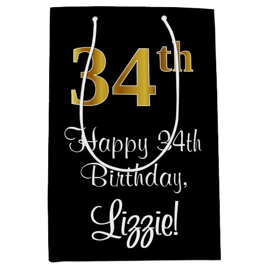 Luxuriös, elegant, Imitate Gold Look 34. Geburtsta Mittlere Geschenktüte (Vorderseite)