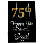 Luxuriös, elegant, Imitate Gold Look 75. Geburtsta Mittlere Geschenktüte (Rückseite)