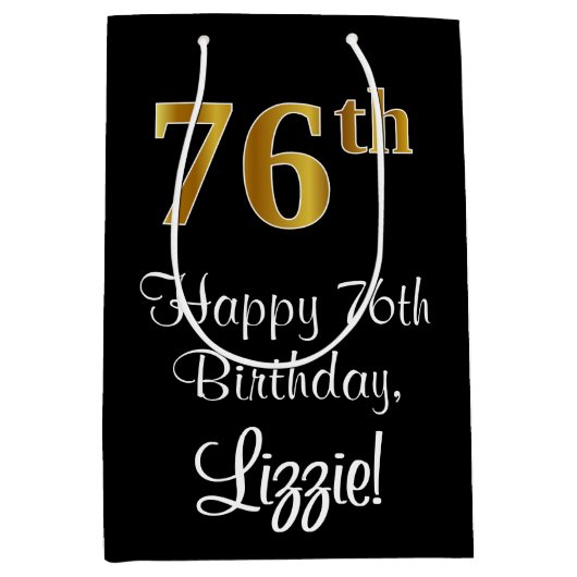 Luxuriös, elegant, Imitate Gold Look 76. Geburtsta Mittlere Geschenktüte (Vorderseite)