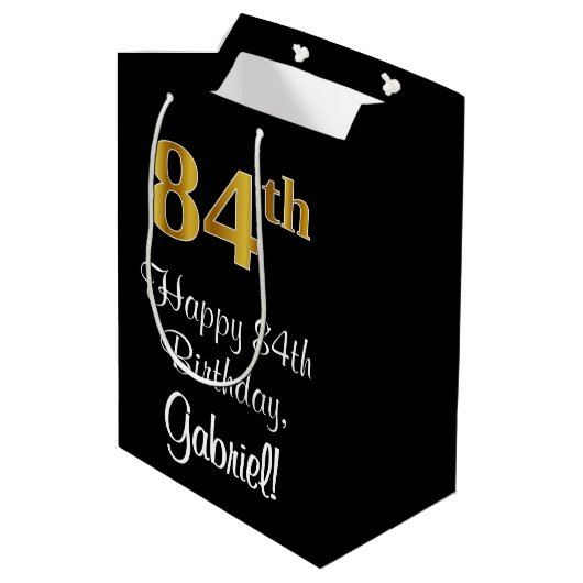 Luxuriös, elegant, Imitate Gold Look 84. Geburtsta Mittlere Geschenktüte (Rückseite Schrägansicht)