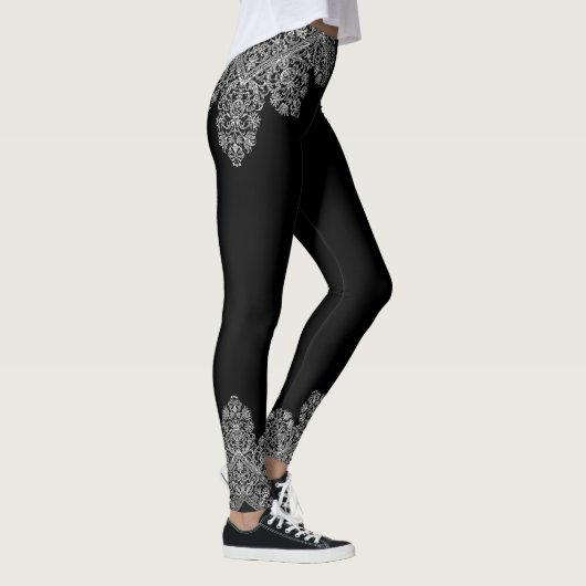 Luxuriös italienisches Spitzenmuster Weiß auf schw Leggings (Rechts)