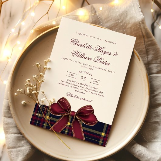 Luxuriös kariert Burgunder Schleife Winterhochzeit Einladung