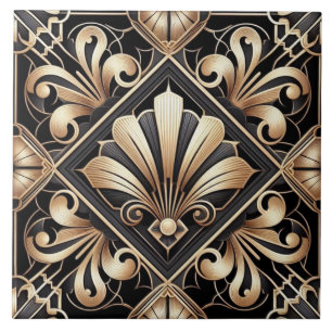 Luxuriös schwarze und goldene Art Deco Keramikflie Fliese