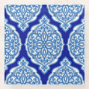 Luxuriös weiß-blau, türkisches Ornament. Glasuntersetzer