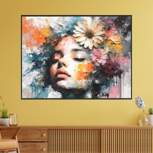 Luxuriöse abstrakte Blumen-Frauenporträt-Wandkunst Leinwanddruck