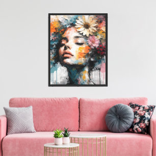 Luxuriöse abstrakte Blumen-Frauenporträt-Wandkunst Leinwanddruck
