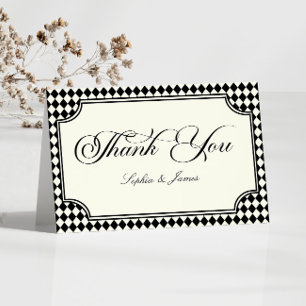Luxuriöse alte schwarze Elfenbein-Vintage-Hochzeit Dankeskarte