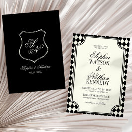 Luxuriöse alte schwarze Vintage-Elfenbein-Hochzeit Einladung