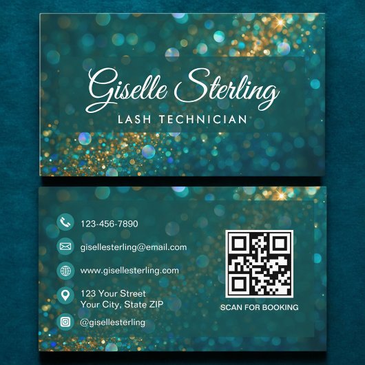 Luxuriöse Aquamarin Gold Glitzer Lash Tech QR Code Visitenkarte