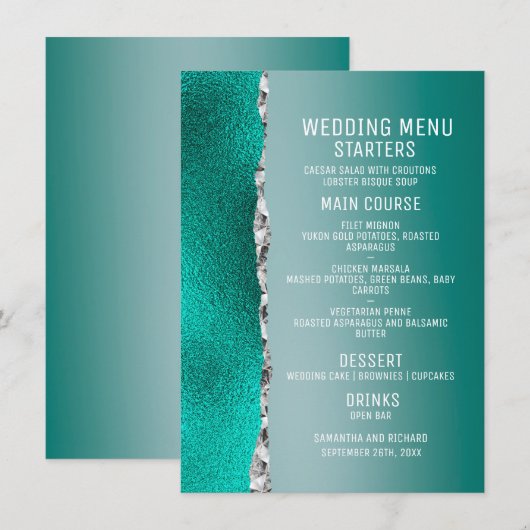 Luxuriöse Aquamarin türkisfarbene Silberne Glitzer Menükarte (Vorne/Hinten)