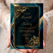 Luxuriöse Aquamarine Agate Gold Frame Wedding Einladung