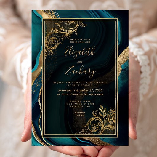 Luxuriöse Aquamarine Agate Gold Frame Wedding Einladung