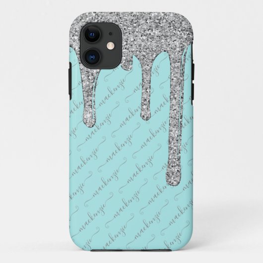 Luxuriöse Aquamarine Silver Glitzer Tropfen Script Case-Mate iPhone Hülle (Rückseite)