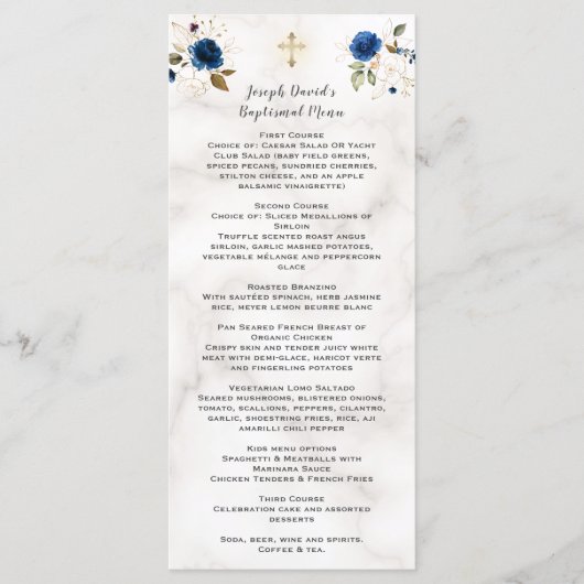 Luxuriöse Aquarelltaufe Navy Blue Gold Floral Tauf Menükarte (Vorderseite)