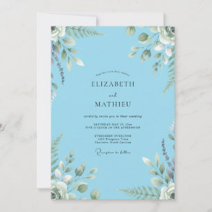 Luxuriöse azurblaue bemalte Blätter-Hochzeit Einladung