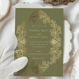 Luxuriöse Baroque Gold Sage Green Wedding Folieneinladung