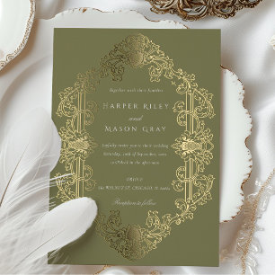 Luxuriöse Baroque Gold Sage Green Wedding Folieneinladung