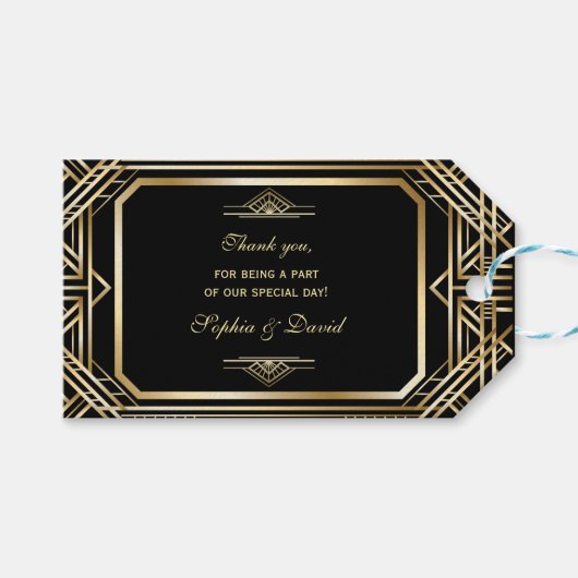 Luxuriöse Black and Gold Great Gatsby Hochzeit Geschenkanhänger (Vorderseite (Horizontal))