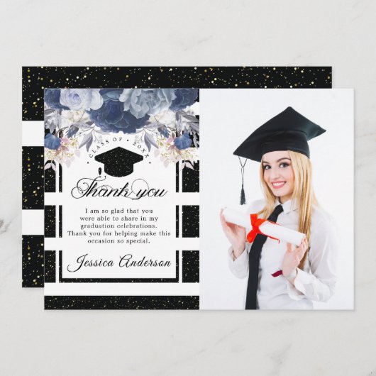 Luxuriöse Black Gold Abschluss Foto Vielen Dank fü Einladung (Vorne/Hinten)