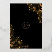 Luxuriöse Black & Gold Birds Blumenmuster Folieneinladung (Rückseite)