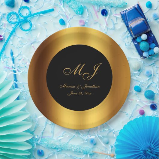 Luxuriöse Black Gold Calligraphy Border Wedding Pappteller (Party)