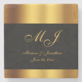 Luxuriöse Black Gold Calligraphy Border Wedding Steinuntersetzer (Vorderseite)