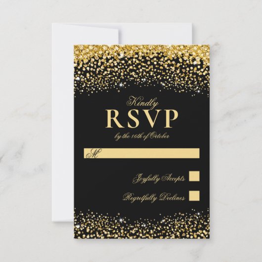 Luxuriöse Black Gold Glitzer Wedding RSVP Card Karte (Vorderseite)