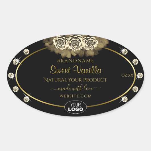 Luxuriöse Black Gold Product Labels Rose Jewels Lo Ovaler Aufkleber (Vorderseite)