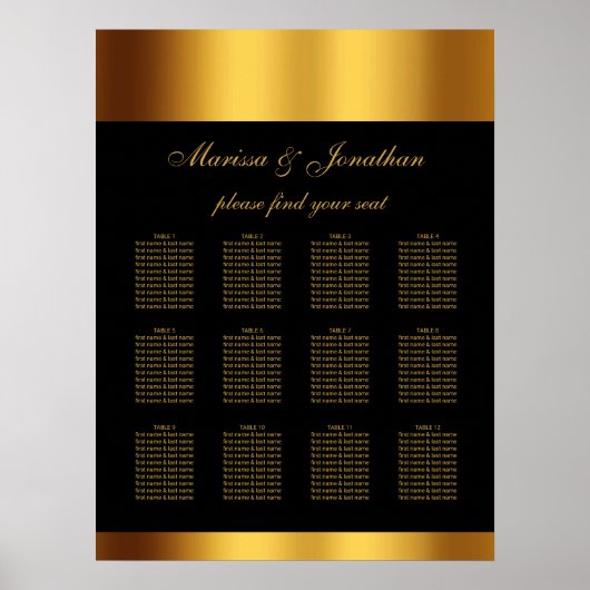 Luxuriöse Black Gold Script Border Wedding Seating Poster (Vorne)
