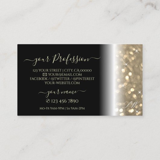Luxuriöse Black Gold Sparkling Glitzer Initials Visitenkarte (Rückseite)