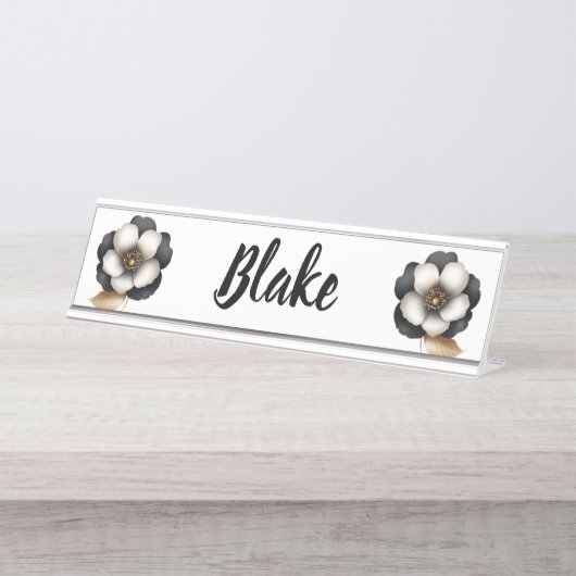 Luxuriöse Black Ivory Floral Name Schreibtischnamensplakette (Vorderseite )