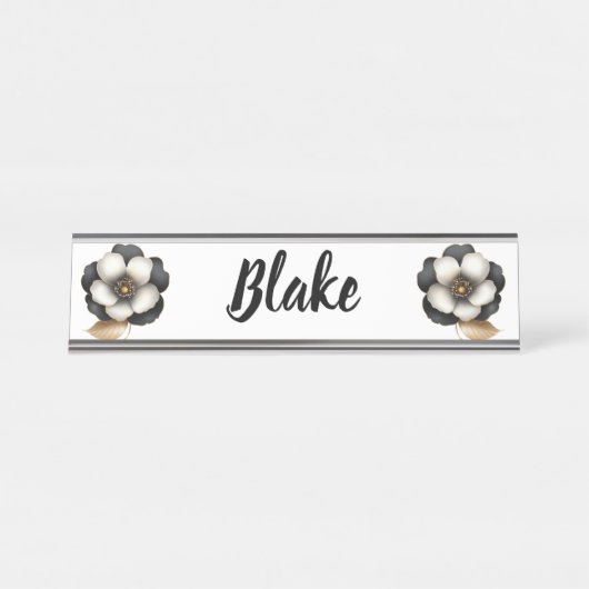 Luxuriöse Black Ivory Floral Name Schreibtischnamensplakette (Vorderseite )