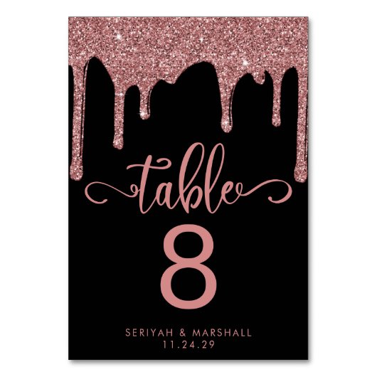 Luxuriöse Black Rose Gold Dripping Glitzer Hochzei Tischnummer (Vorderseite)