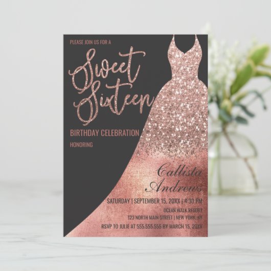 Luxuriöse Black Rose Gold Glitzer Kleid Sweet 16 Einladung (Stehend Vorderseite)