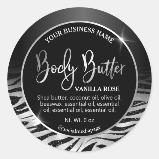 Luxuriöse Black Silver Zebra Print Body Butter Lab Runder Aufkleber (Vorderseite)