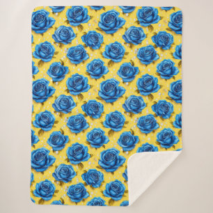 Luxuriöse blaue 3D-Rosen erblühende Eleganz Sherpadecke